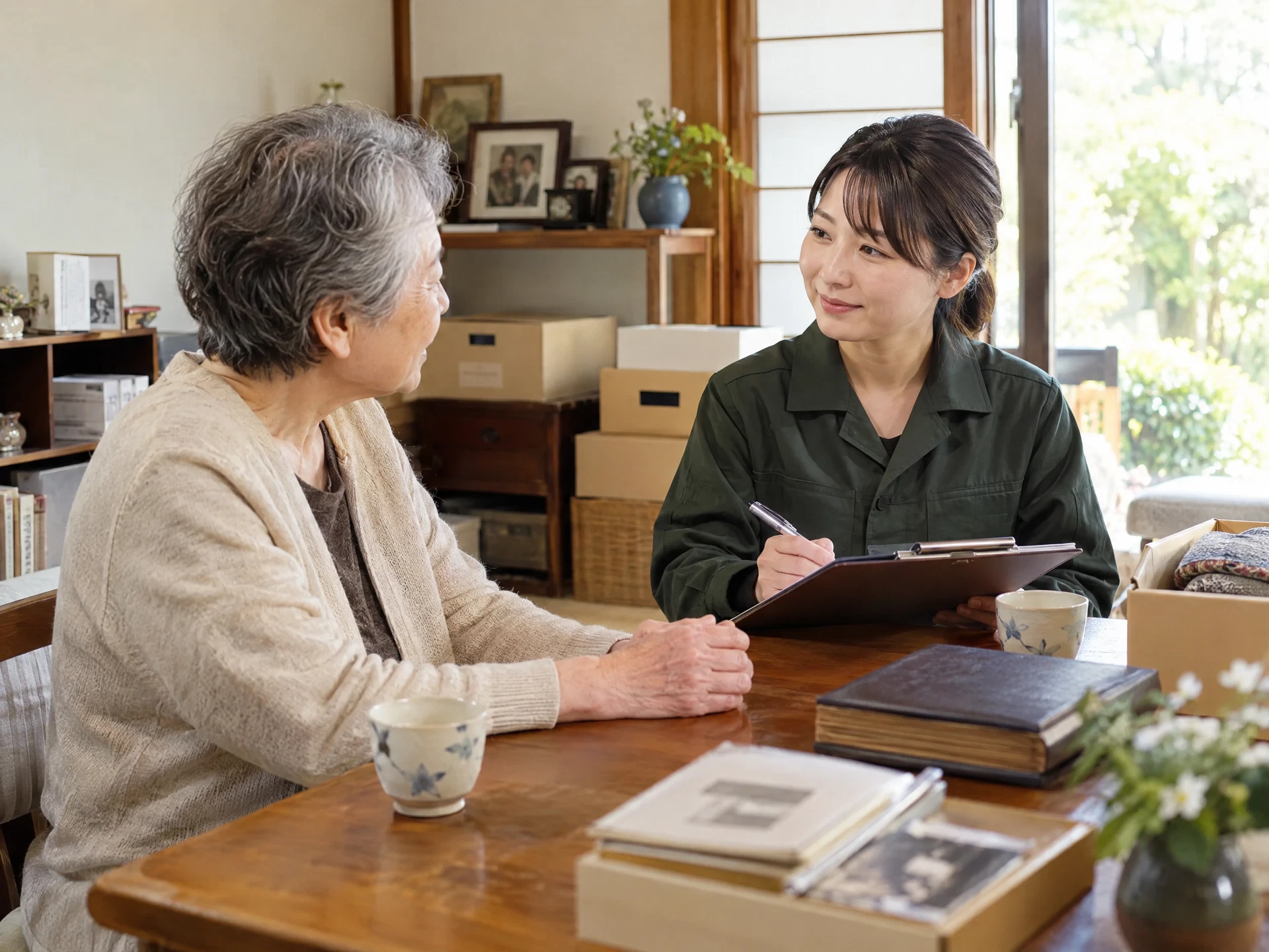 ご家族と相談しながら家財を整理する様子